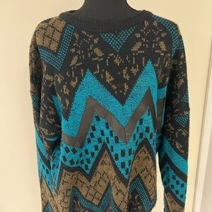 Men's Chevron Pattern Crewneck Sweater Vintage 90’s- Black Aqua and Brown
